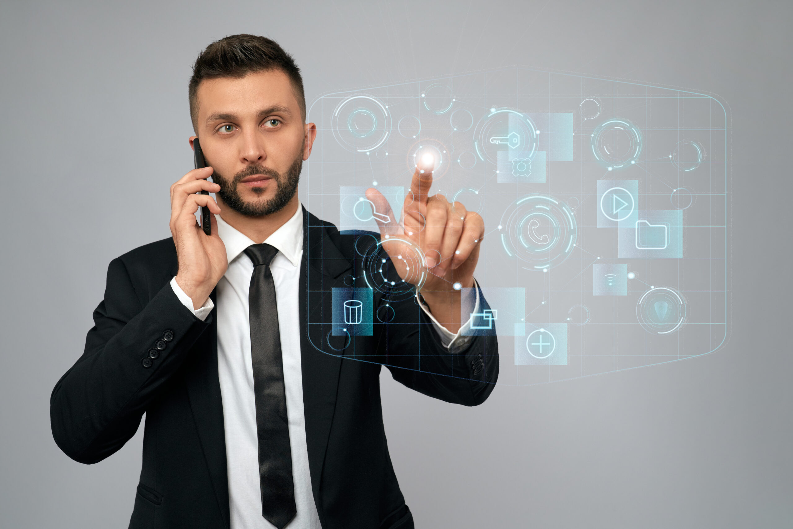 young businessman clicking virtual button.