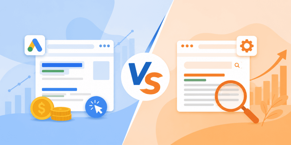 Google Ads vs SEO comparison infographic for digital marketing strategy